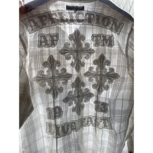 Affliction Button Shirt Men M Black Premium‎ White Embroidered Cross Live Fast